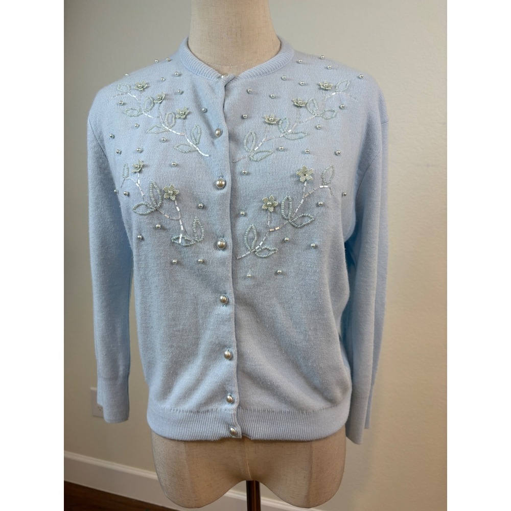 Vintage 50s Park-Storyk Cardigan Women M Baby Blue Beaded Pearl Orlon Acrylic